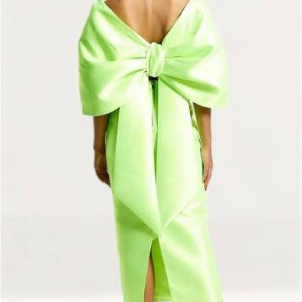 Elegant Lime Green Satin Bardot Bow Top and Skirt Matching Co-ord Set